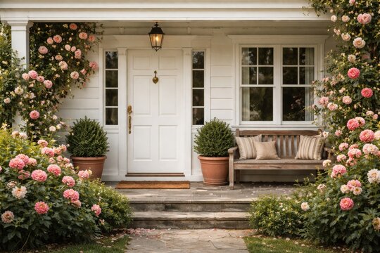 House facade showing white door, rose bushes, and a wooden bench on the porch