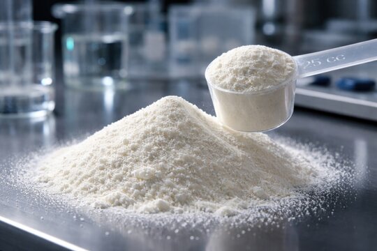 Focused image of a powdered compound accompanied by a measurement scoop