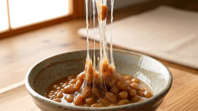 Japanese Fermented Natto Soybeans Being Lifted with Wooden Chopsticks