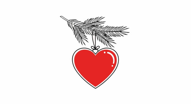 A red heart-shaped ornament dangles from a pine branch