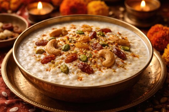 Khir sweet rice pudding with milk and khoya topped with dried fruits for prasadam