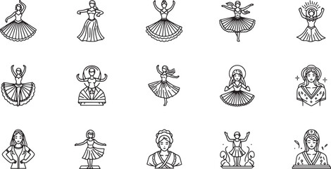 Naklejka premium Black and white line of women with vintage hairstyles and accessories