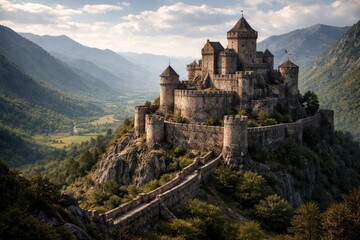 Naklejka premium old stone citadel overlooking lush green valley