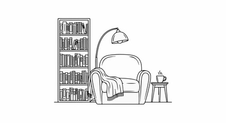 Fototapeta premium Cozy armchair, bookshelf, lamp, and a steaming cup of coffee