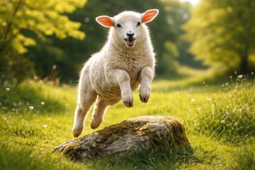 Obraz premium Energetic pet sheep jumping on a mossy stone in a full length summer portrait on green grass