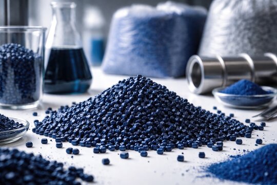 Industrial raw materials with dark blue masterbatch granule assortment on white backdrop