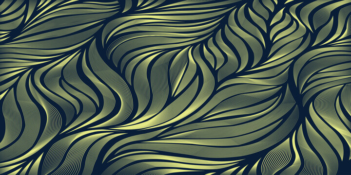 Vibrant green and black abstract leaf pattern with wavy lines and detailed texture