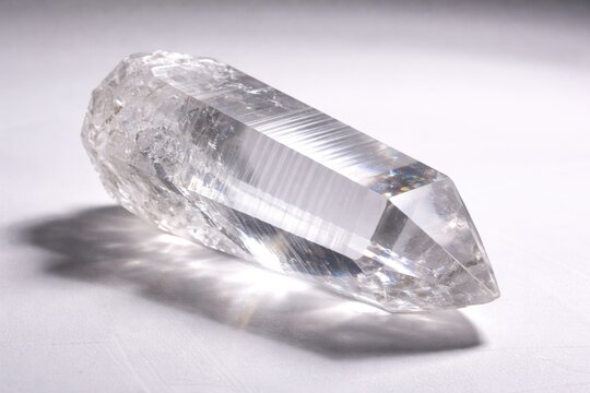 Lemurian crystal mineral with fine striations on smooth white surface