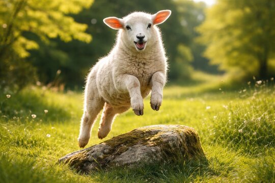 Energetic pet sheep jumping on a mossy stone in a full length summer portrait on green grass