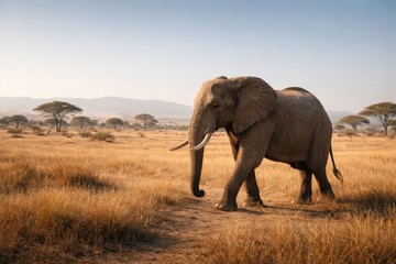 Obraz premium Calm elephant trekking across expansive open savannah under clear sky