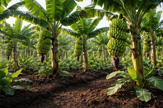 Impressive saba banana plants growing tall in fertile soil