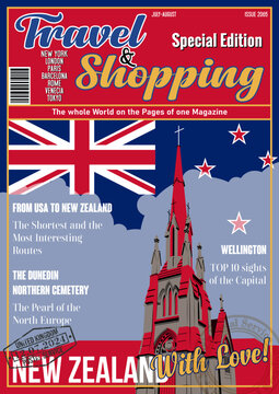 Travel and Shopping Magazine Fake Cover. New Zealand with Love. The Dunedin Northern Cemetery Tourist Attraction Illustration. New Zealand Flag, Vector Template for Touristic Illustrations, Posters, C