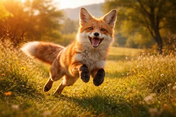 Obraz premium Energetic Fox Playing Happily in the Sunlit Countryside