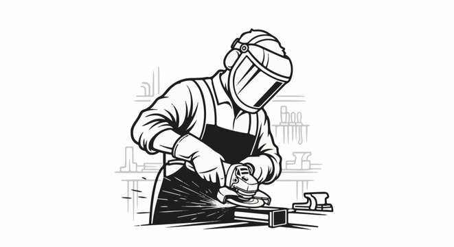 Metalworker grinding metal with sparks flying, workshop background