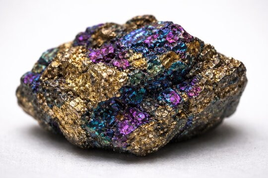 Focused close image of chalcopyrite ore on plain white surface