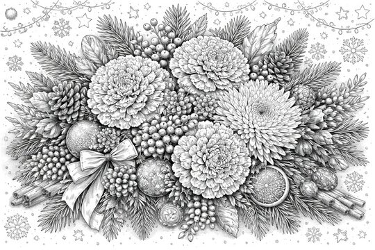 Carnations chrysanthemums brunia and fir holiday themed coloring page capturing festive happiness