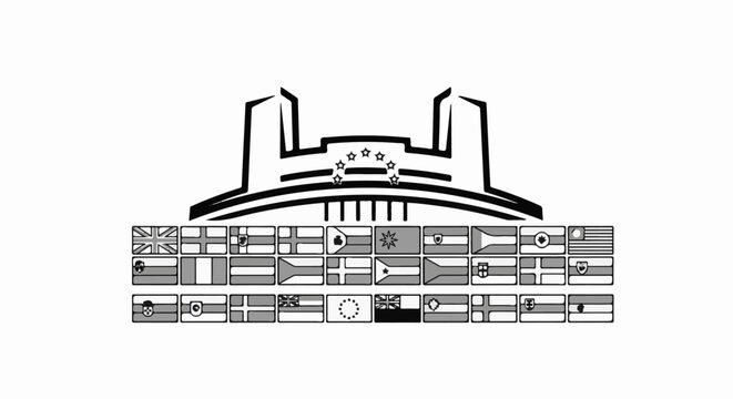 Stylized building facade with multiple flags below in rows