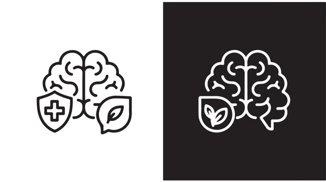 Brain Health Icon with Shield and Leaf Line Art for Mental Wellness and Eco-Friendly Medical Concepts