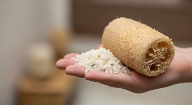 Hand holding a loofah and shower puff in a bathroom setting with blurred background