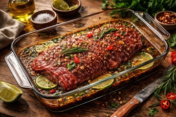 Obraz premium Full preparation of marinated flank steak in a rectangular glass baking dish