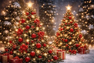 Obraz premium Christmas trees richly adorned with red baubles and sparkling stars amidst a winter holiday background
