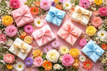 Obraz premium Colorful mixed flowers combined with present boxes on a pastel pink backdrop overhead flat arrangement for special days