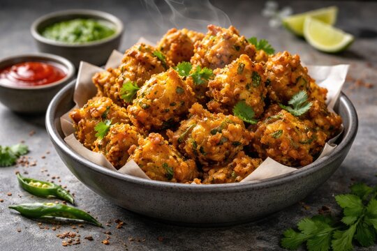 Hot and crispy veg pakora snack displayed in a gray ceramic bowl on a cement table