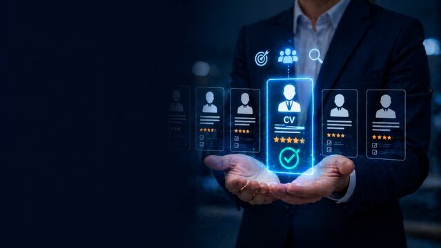 HR Manager Evaluating Candidates in the Digital Age with Advanced Technology for Recruitment and Selection Processes Featuring CV and Icons