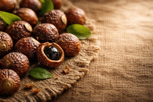 Close detail of soap nuts on textured organic material with area for text