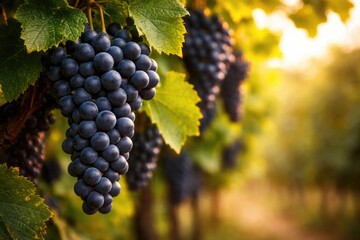 Naklejka premium Close up photography of black nebbiolo grapes on leafy vines with copyspace for text