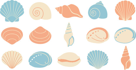 Collection of beautiful pastel seashells including scallop clam conch and spiral shells for summer beach vacation coastal marine life and ocean nature environment. © VectaNoor