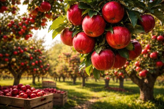 Bright red apples growing abundantly on orchard trees ready for collection