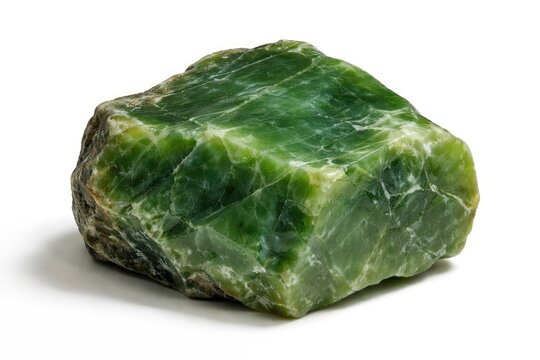 High resolution image of green nephrite rock piece on a stark white background