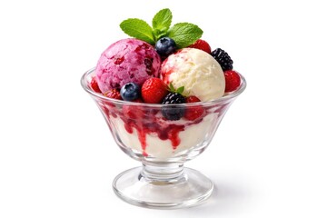 Naklejka premium Berry and vanilla scoop ice cream sundae decorated with mint leaves on plain white background