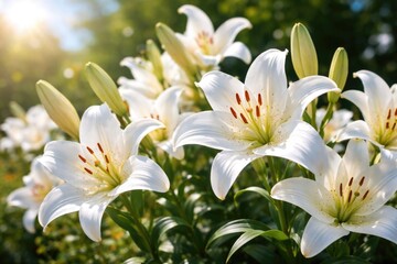 Fototapeta premium Nature photography of elegant white lily flowers blooming vibrantly on a bright summer day