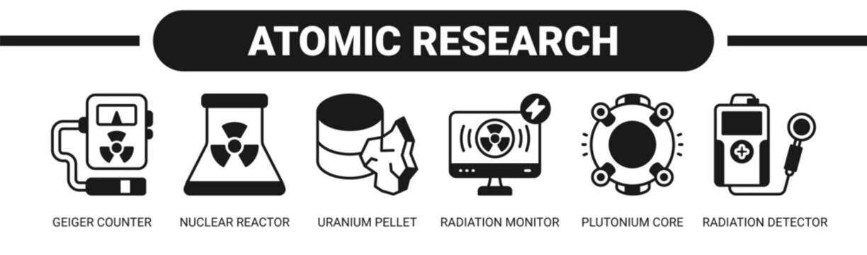 Atomic Research web banner icon vector illustration concept with icons of geiger counter, nuclear reactor, uranium pellet, radiation monitor, plutonium core, and radiation detector. 