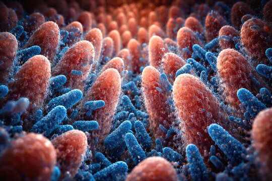 Intestinal villi under microscope with distinctive blue bacterial presence