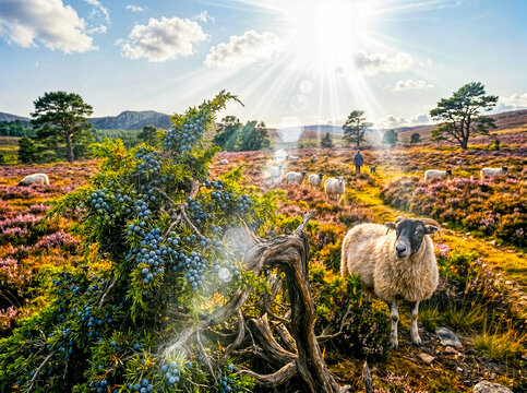 Sheep in heath with juniper tree