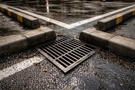 Corner drain for parking lot pavement with visible grate