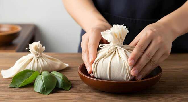 A person preparing a herbal poultice or compress on a wooden table with green leaves
