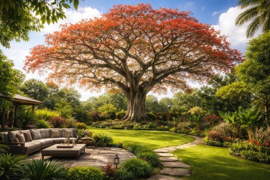 Backyard landscape highlighting a majestic Bombax Ceiba tree under bright skies