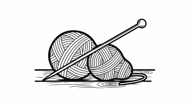 A needle pierces through two textured balls of yarn resting on a surface