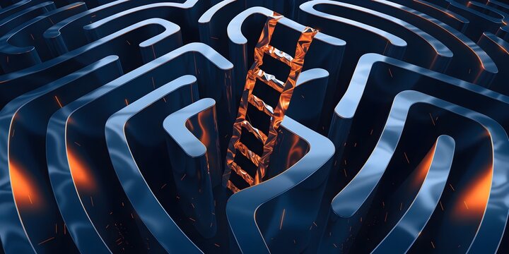 Complex Maze with Ladder Exit Concept Representing Problem Solving Strategy Challenge and Business Success Pathway Solution
