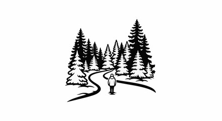 Obraz premium A lone figure walks on a winding path through a dense forest