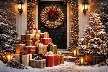 Obraz premium Holiday entrance setup with parcels piled high, festive wreath decoration, and a small snowy winter tree