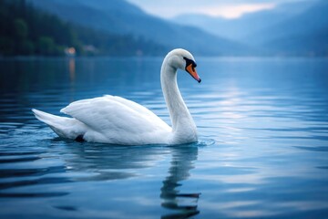 Naklejka premium Graceful swan gliding in peaceful lake with vibrant blue tones