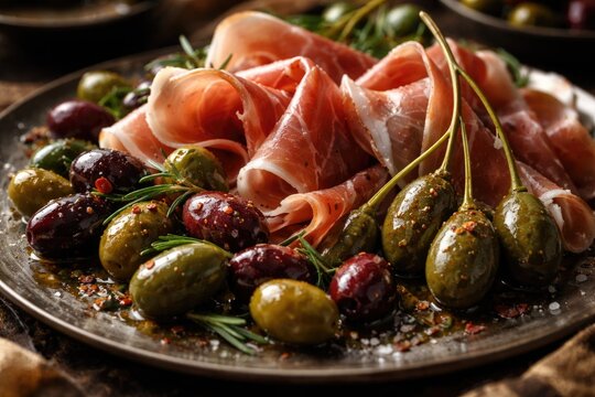 Gourmet prosciutto combined with mixed olives and caper berries