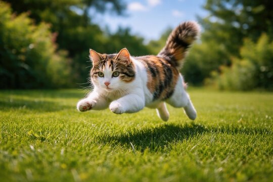 Energetic pet calico cat pouncing on green lawn with full length view on a clear summer day