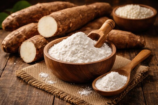 Dry cassava roots with organic tapioca starch powder in wooden serving utensils