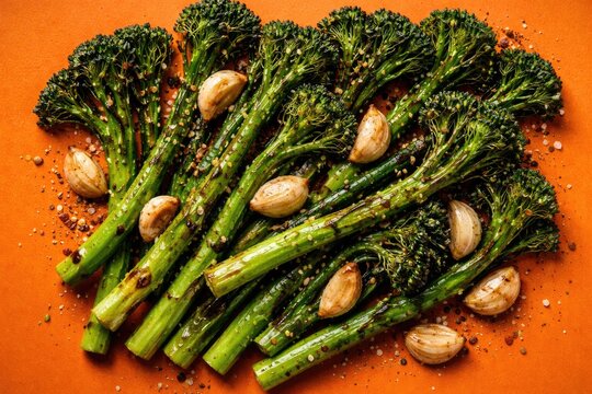 Grilled broccolini topped with garlic cloves on a solid orange background seen from above